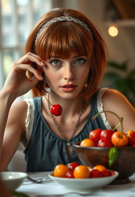 real life realistic,  beautiful woman at a table, bowl of fruit  on the table, women looking at viewer lovingly as one lifts a cherry to her open mouth.  One  hand is on the cheek touching a curl of hair at the front of her ear.  red-haired Irish, small breasts, sleeveless blouse  headband, necklace , bangs,  short hair.
score_9, score_8_up, very detailed, detailed eyes,  high detailed texture, realistic, photorealistic, perfect eyes, real life realistic, Expressiveh, Stable_Yogis_PDXL_Positives, midjourneylora, detailed background, dynamic angle, volumetric lighting, godrays, beautiful, small breasts, green eyes,