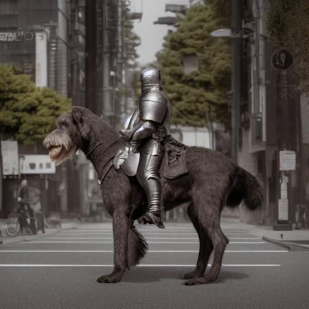 <lora:IWolf:1>, (8k, RAW photo, best quality, masterpiece:1.2), (realistic, photo-realistic:1.37), octane render, ultra high res, ultra-detailed, knight in armor, on horseback with Irish_wolfhound dog, on the streets of Tokyo