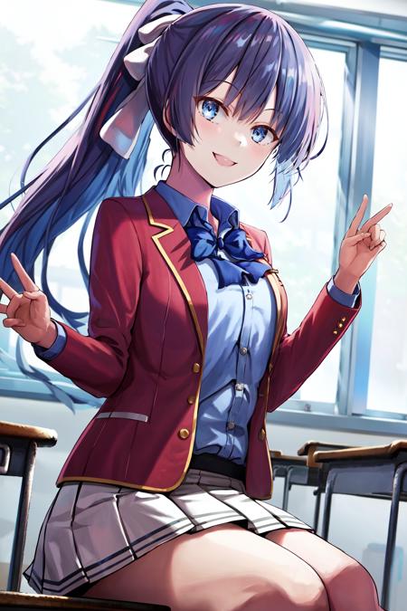 masterpiece, best quality, highres, 1girl amikura ponytail hair ribbon, school uniform white skirt red jacket blue shirt blue bowtie <lora:amikura:1> sitting, smile, classroom