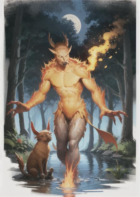 elementalmana,claws,smoke,colored skin,fire, lake,(forest),nigth,moon,male focus,full body,(no humans), <lora:elemental-10:1>