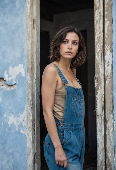 (eyes curiously looking upwards), leaning forward,  (((striking face))),(full body), ((worn tanktop)), worn dungarees,  sagging breasts, 30 years old  woman, wavy brunette bob, old rundown greek house, (cinematic)