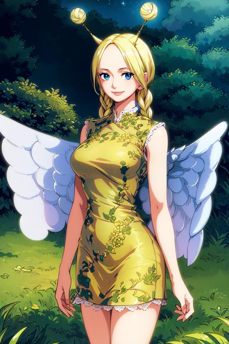 masterpiece, ((ultra detailed background, delicate pattern, intricate detail)), (highly detailed, fine details), best quality, beautiful lighting, ((medium breasts, slim girl)), Conis, 1girl, solo, blonde hair, wings, twin braids, smile, dress, blue eyes, bun, complex detailed background, blue sky, grass, trees, nature environment, (cowboy shot),   <lora:Conis:0.75>