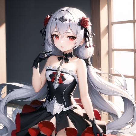 (masterpiece:1.2), (best quality:1.3), highres, luna_kindred, 1girl, flat_chest, standing, cowboy_shot, red rose, black_dress, black_thighhighs, black_gloves, vampire girl, <lora:luna_kindred_l_v8-000015:1>