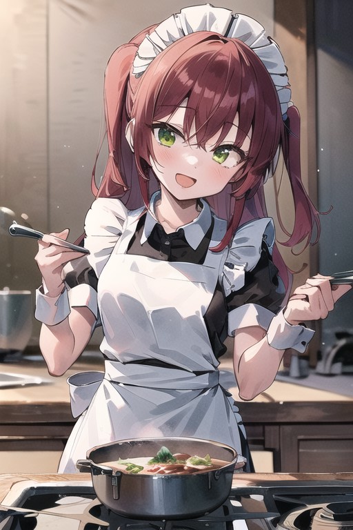 (masterpiece:1.0), (best quality:1.0),1girl, solo,kita ikuyo, side ponytail, looking at viewer, (cooking:1.2), (maid apron...