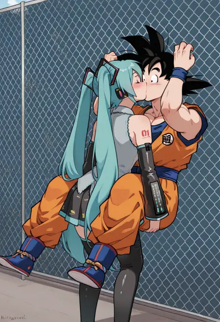 Girl Kissing Guy Against Fence - Meme Pose Concept - IllustriousXL and NoobAI