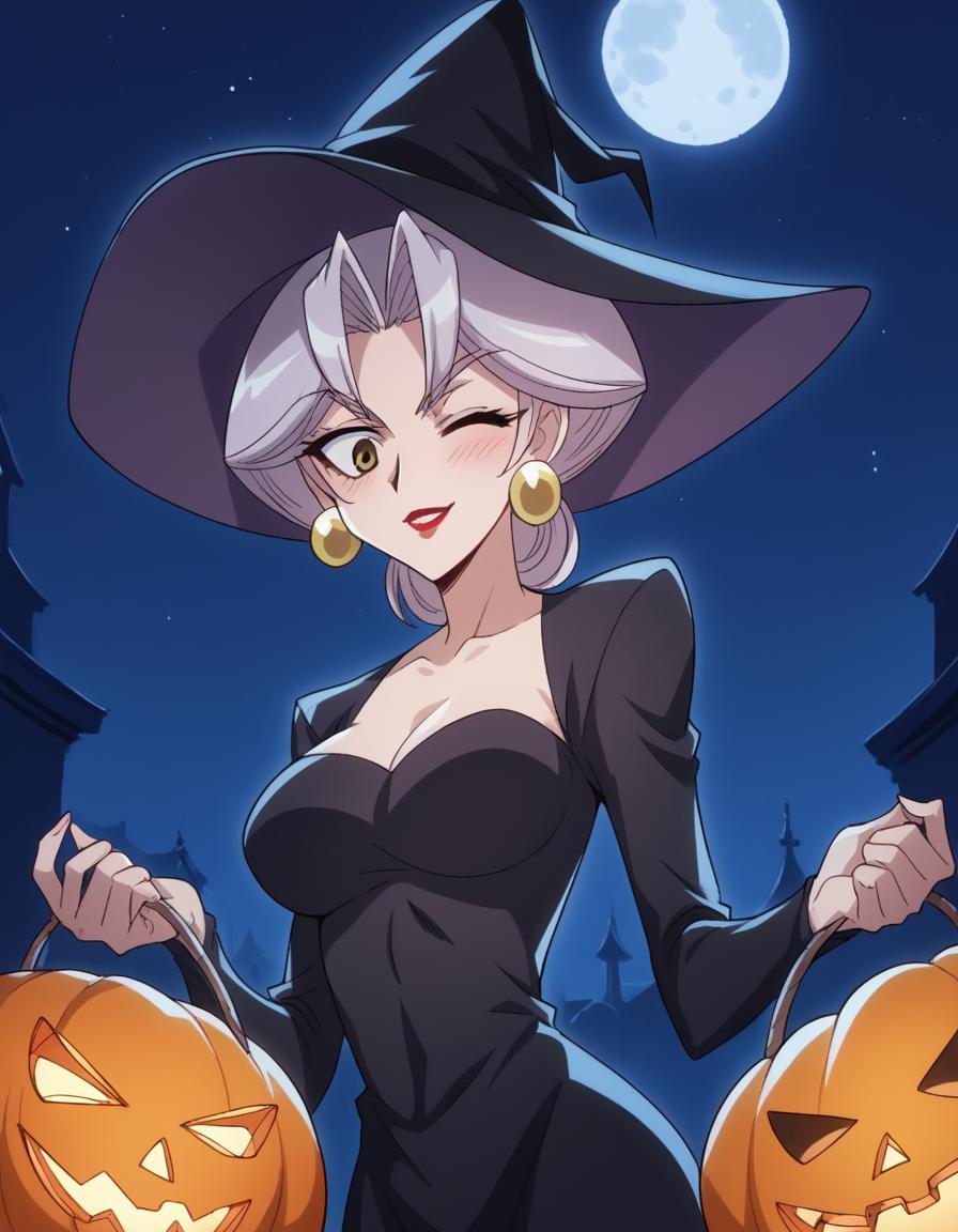 score_9, score_8_up, score_7_up, source_anime, <lora:carrera-maaka-s1-ponyxl-lora-nochekaiser:1>, carrera maaka, short hair, large breasts, brown eyes, grey hair, makeup, lipstick, mature female, <lora:witch-ponyxl-lora-nochekaiser:1>, witch, hat, witch hat, dress, halloween, halloween costume, jewelry,, night, moon, blush, smile, one eye closed,, , dutch angle, cowboy shot