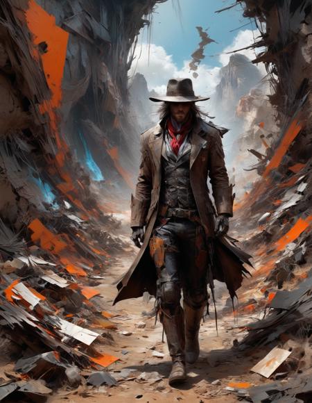 yktlr style,a time traveler stuck in the Wild West,photography,realistic painting,epic,awardwinning,trending on artstation and deviant art,dark,messy,abstract,high contrast,glowing effects,,symmetry,dark fantasy scenario by  by Peter Mohrbacher and Bastien Lecouffe Deharme and aleksi briclot highly detailed,8k <lora:YossiKotlerXLStyle-000005:0.9>