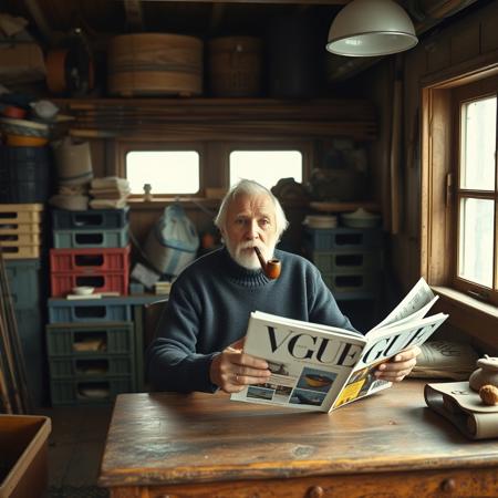 fisherman's shack, interior, fishing paraphernalia, crates, fishing rods, neatly stacked, old fisherman, smoking pipe, turtleneck wool pullover, sitting at old wooden table, reading Vogue magazine