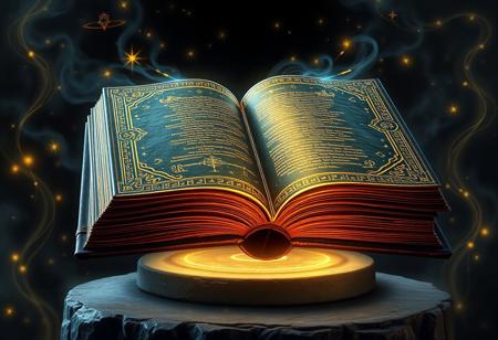 ancient magical book, bound in dark leather, intricate golden designs on the cover, softly glowing runes floating around, pages made of ethereal light, softly pulsing with knowledge, mysterious energy swirling from the pages, cosmic symbols and stars etched into the cover, floating slightly above a stone pedestal, high resolution, photorealism, ((masterpiece)), ancient and revered, glowing golden text on the pages, divine and otherworldly, light beams extending from the pages, enchanted and powerful, surrounded by a soft aura of wisdom