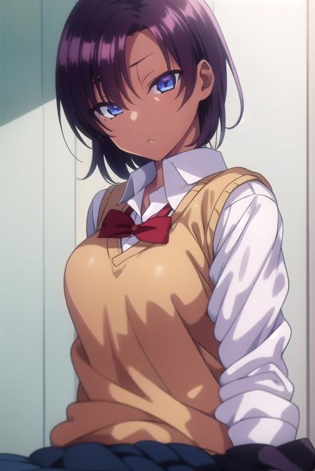 saehinata, <lyco:saehinata-lyco-nochekaiser:1>, 
sae hinata, blue eyes, purple hair, dark skin, dark-skinned female, short hair,
BREAK shirt, bow, school uniform, white shirt, collared shirt, bowtie, red bow, sweater vest, brown sweater,
BREAK looking at viewer,
BREAK indoors, classroom,
BREAK <lora:GoodHands-vanilla:1>, (masterpiece:1.2), best quality, high resolution, unity 8k wallpaper, (illustration:0.8), (beautiful detailed eyes:1.6), extremely detailed face, perfect lighting, extremely detailed CG, (perfect hands, perfect anatomy),