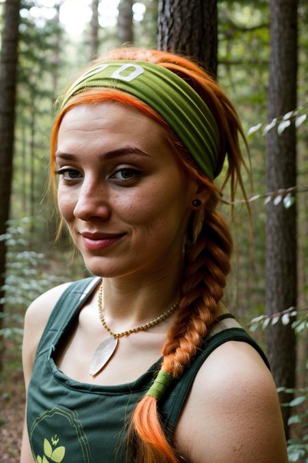 instagram photo, close up portrait photo of 20 y.o Chloe,   <lora:Valorant_Skye:1>, orange hair, green headband, in the woods, side ponytail