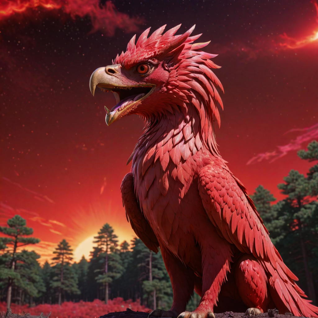 anime key visual, elegant, medium close-up shot of a (Griffin:1.3) , it is very Unforgettable and Violent, centered Red background, Bedouin forest and Radio galaxy in background, Summer, FOV 90 degrees, (by Yoshitoshi Abe:1.3) , Maximalist, Light and Bright, Magical Realism, side lit, F/8, Fujicolor, Complex background, behance, RTX, extremely hyper aesthetic
