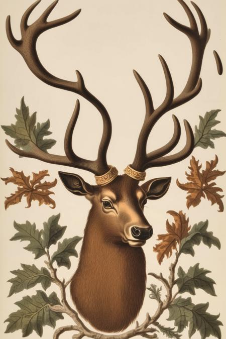 <lora:Mark Catesby Style:1>Mark Catesby Style - 103765. An illustration by Mark Catesby. An illustration of a stag's head in profile, the focus on its impressive antlers and noble features.