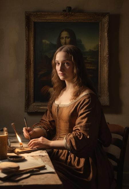 (((masterpiece picture, Leonardo da Vinci while painting Mona Lisa in his painter studio, in Florence 1300 a.d.))). He's in front a beautiful Mona Lisa with her famous subtle smile. Twilight warm and calm atmosphere. Many paintings and painter tools in the background. Wide angle lens, ((low angle shot)), ((full figure shot)), perfectly detailed scene, extreme realism. ((Characters illuminated only by warm soft candle light, dark shadows)), artistic framing, low saturation, low contrast, ((soft focus)). Establishing hot.