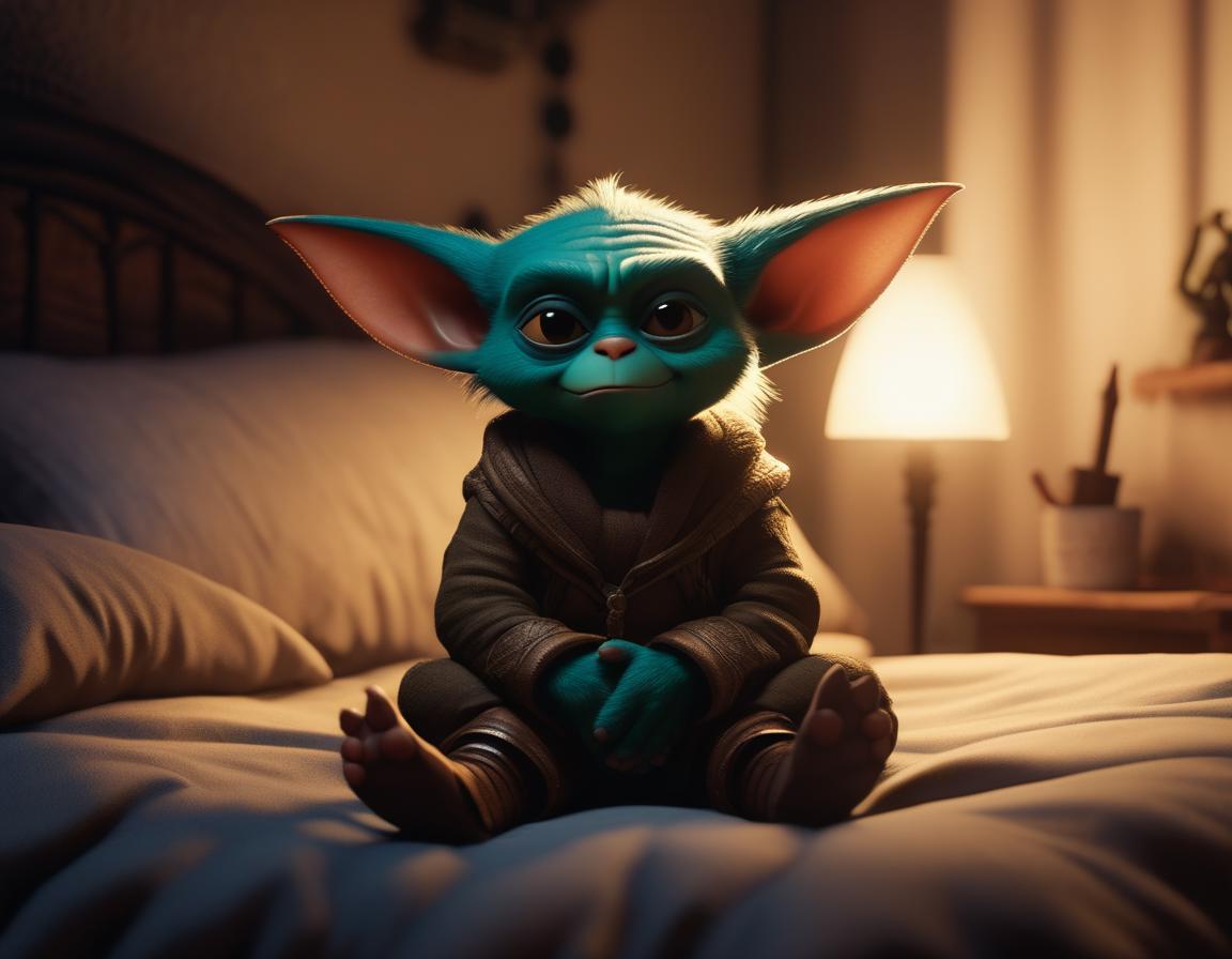 little cute gremlin warrior sitting on a bed at night thinking about the world, cinematic, muted colors, faded, by pixar and dreamworks, gullermo del toro style