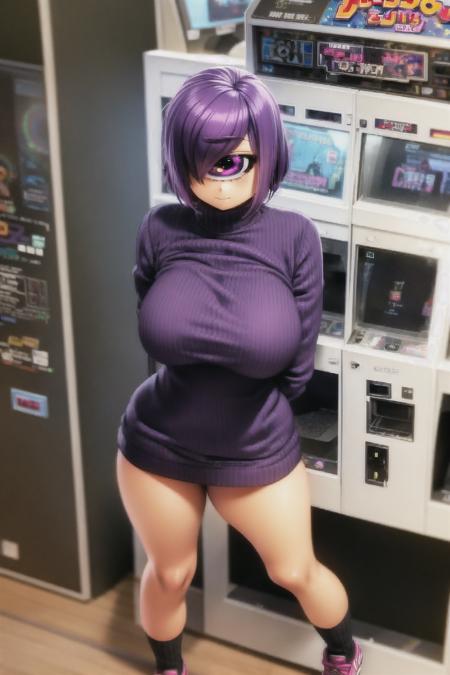 (arcade), (arcade cabinet), 1girl, solo, large breasts, wide hips, bob cut, ribbed sweater, cyclops, one eye, purple hair, <lora:Arcade V8:0.6>, <lora:cyclopsGirlLora_cyclopse8:0.6>