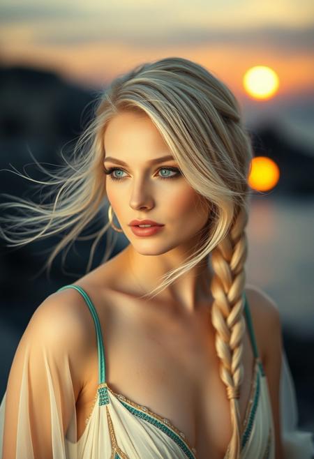 Art deco 1920s , beautiful woman with alabaster skin flowing blonde hair in greek braided style   Gossamer glowing tones with gold and teal trim. In front of a Mediterranean sunset. Fashion shoot.  85mm Zeiss