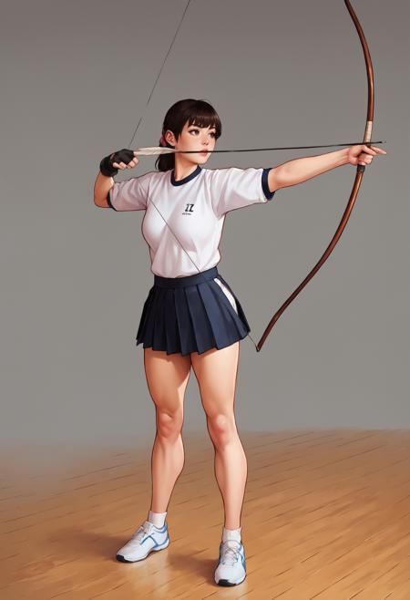 kyudo-aiming,aiming,arrow (projectile),bow (weapon),drawing bow,holding arrow,holding bow (weapon),partially fingerless gloves,yugake,