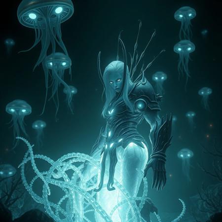 (Ultra-realistic, 32k, Masterpiece, High Quality, Detailed Realistic Background, Official Art, Realistic Lighting).
"Dark, cinematic lighting enhances the eerie atmosphere, capturing the tension and ethereal beauty of the Cryoquatic warrior in this alien underwater realm. The intricate details of the jellyfish-inspired metal cities, bioluminescent light trails, and the warrior’s armor make the scene immersive and otherworldly. The soft glow from the tentacles and floating city lights creates a sense of depth, as the Cryoquatic’s glowing form contrasts against the infinite darkness of the deep ocean beneath Europa’s icy surface."