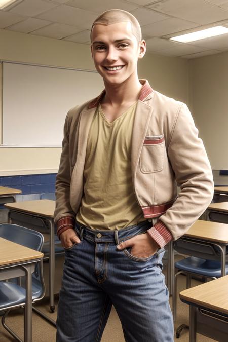 connie springer,  young man,  athetic body,  board shoulders,  buzzcut,  smug,  jeans,  letterman,  smile,  looking at you high school classroom,  daylight,<lora:EMS-93-EMS:1.000000>,<lora:EMS-254816-EMS:0.700000>