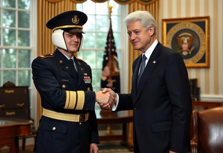 classic cobra commander in an immaculate military dress uniform posing for photo shaking hands with president clinton of the united states in sharp suit inside the oval office, real photograph, gi joe  style, photorealistic, correct hands, correct fingers, presidential seal, vote button, campaign photo, election, elegant scene, cobra insignia