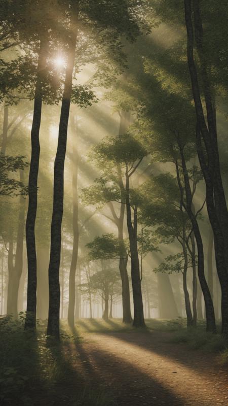 The enchanting atmosphere of a misty forest at dawn, with sunbeams filtering through the towering trees. scottish forest, perspective, a beautiful fairy, ultrarealistic, photorealism, 8k, octane render