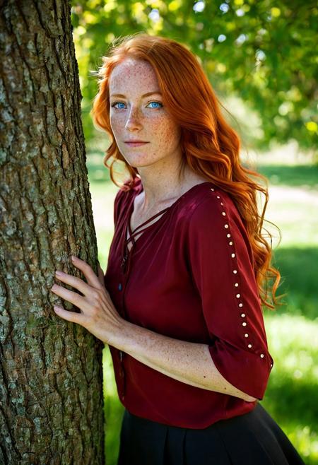 This is a photograph of a 40 year old woman with freckles, from behind, leaning up against a tree and looking over her shoulder at the viewer with her light-blue eyes. She stands in a grassy field with trees in the distance on a bright sunny day.  The sleeves on her (dark red blouse:1.1) are rolled up and she wears a long, (black skirt:1.1). Her long orange hair is wavy and hangs low on her back.  vivid colors, casting shadow style, perfect eyes, extremely intricate details, masterpiece, epic, clear shadows and highlights, realistic, intense, enhanced contrast, highly detailed skin, f/2.8, bokeh, DarkFantasy
