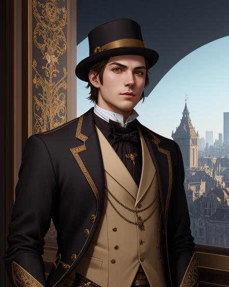 best quality,masterpiece,highly detailed,ultra-detailed, 1boy,<lora:neg4all_bdsqlsz_V3.5:-1>  
<lora:steampunk_last:2>solo
upper body, portrait, looking at viewer, 
victorian  cityscape background, 
by  steampunk art 
<lora:Graphite_last:1>, unreal engin 5,octane render,(2D:1.2), digital painting, artstation, concept art, smooth, sharp focus,art by ross tran and greg rutkowski and alphonse Mucha and  Bak Karol