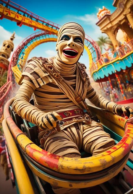 A hilarious and playful scene of an ((ancient mummy)) enjoying a thrilling roller coaster ride. The mummy, wrapped in tattered bandages, is shown grinning and holding on for dear life. The roller coaster is bright and colorful, with twisting tracks and loops that create a sense of excitement. The background shows a bustling amusement park, filled with screaming riders and various attractions, giving off an eerie yet entertaining atmosphere.