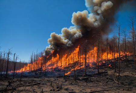 Fire,forest,no water,blue sky,no clouds,