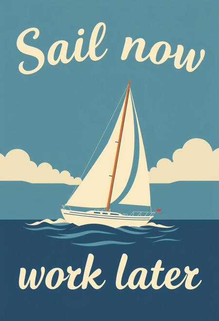 graphical art, sailboat, poster design, text "Sail now work later", vintage retro style, scandinavian