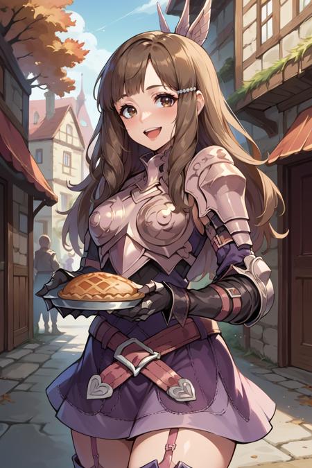 sumia, brown hair, brown eyes wing hair ornament, purple dress, short dress, belt, armored dress, pink armor, gauntlets, garter straps, thigh boots