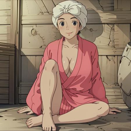 <lora:Toki003:0.7>,solo,
Toki,1woman,looking at viewer,smile,
towel on head,
pink kimono,cleavage,barefoot,
full body,
indoors,