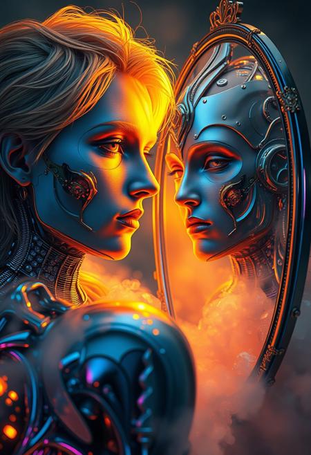 A portrait of a figure bathed in golden light, but their reflection in a nearby mirror shows a surreal, alternate version of themselves, painted with darker, more symbolic details. surreal cybernetic dreamscape, hyper-detailed futuristic sculpture, metallic and crystalline textures, soft atmospheric mist, ethereal pastel lighting, liquid surrealism, neon iridescent glow, digital fantasy meets organic abstraction