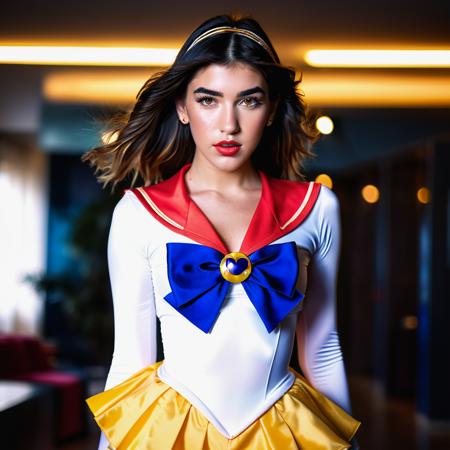 A vibrant photograph of Dua Lipa dressed as sailor moon, sailor senshi uniform, wide-angle lens,wide shot, full body, legs, waist,  ((looking at viewer)), (looking into the camera), front view, detailed face, freckles,amber eyes,  hyper realistic,  natural lightning, perfect shadows, 35mm photograph, film, professional, 8k, highly detailed,from  movie, (cleavage:1.2) , high budget, bokeh, cinemascope, moody, epic, gorgeous, cinemascope, moody, <lora:xl_sailor_senshi_uniform-1.0:1>