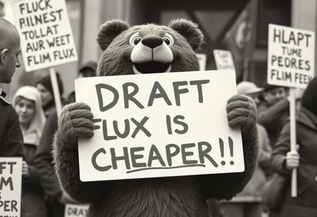 A photograph of HAPPY  slim bear protesting with a poster in his hands that says "DRAFT FLUX IS CHEAPER !!", (Masterpiece, old photography)
