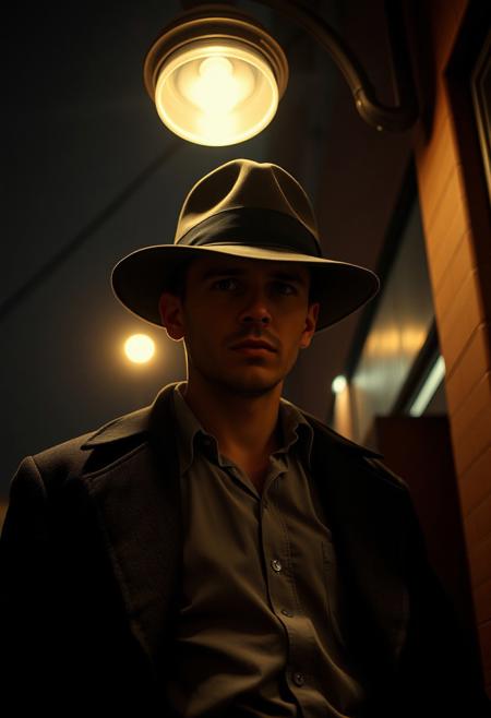 A noir-inspired moment, featuring a detective under a streetlamp, cinematic realism, moody atmospheric lighting, staged hyperrealistic composition, elegant vintage noir aesthetics, muted warm tones, contemporary urban setting, deep storytelling elements, artificial and natural light contrasts, subtle surreal tension