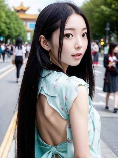 <lora:xinxiaomong:0.8>, (nsfw, open clothes), china dress, masterpiece, best quality, 1girl, aqua eyes, black hair, closed mouth, looking at viewer, solo, upper body, alluring, clean, beautiful face, pure face, pale skin, sexy pose,long hair, ((perfect female figure)), 18-years-old chinese girl, narrow waist, city street background, arm behind head, outdoor, watched by crowd background