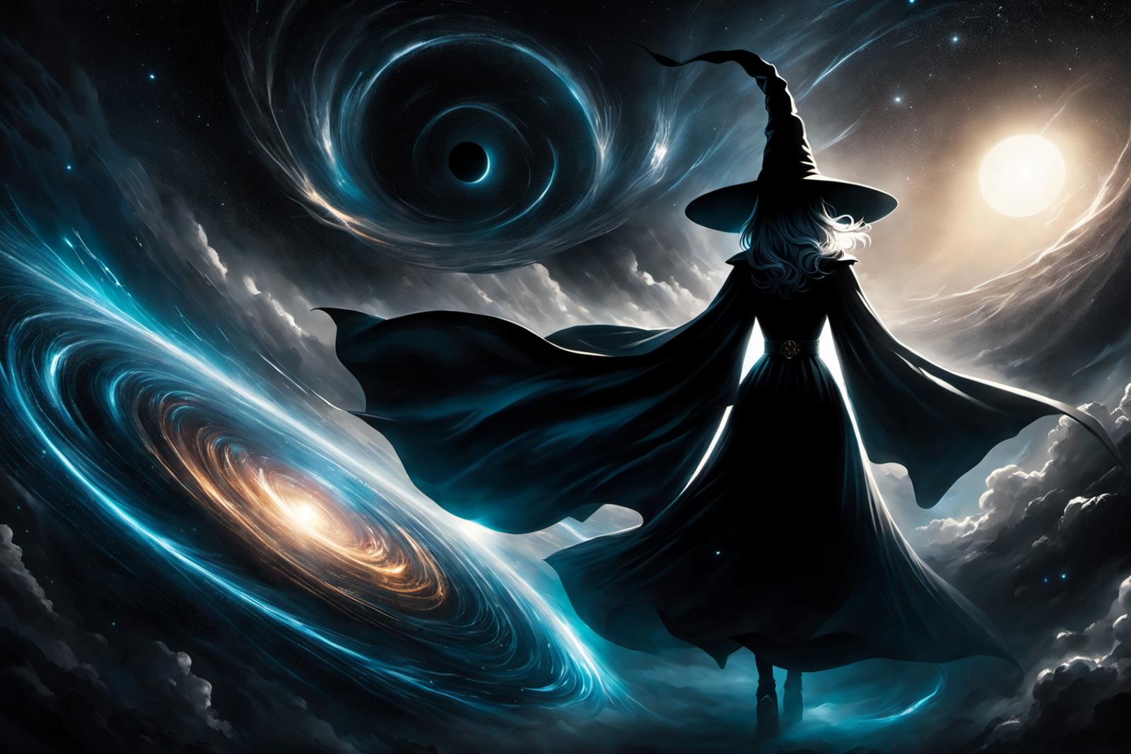 A witch in a black gown standing in a black background with a swirling blue sky.