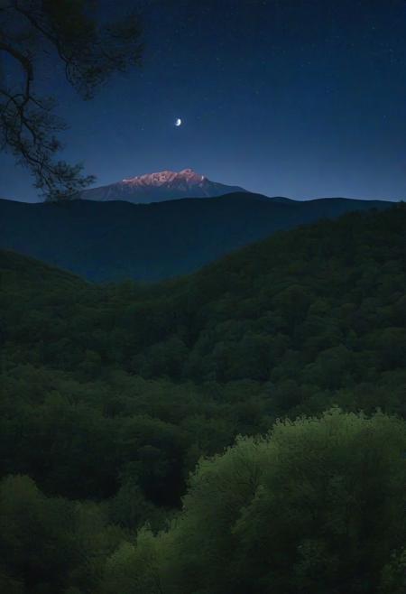 masterpiece, photorealistic, a vast spring forest, distant mountains, southern france mas, japanese architecture, pyrénées forest, majestic oaks, night sky, mt. aneto, serene, peaceful, moonlight, low angle