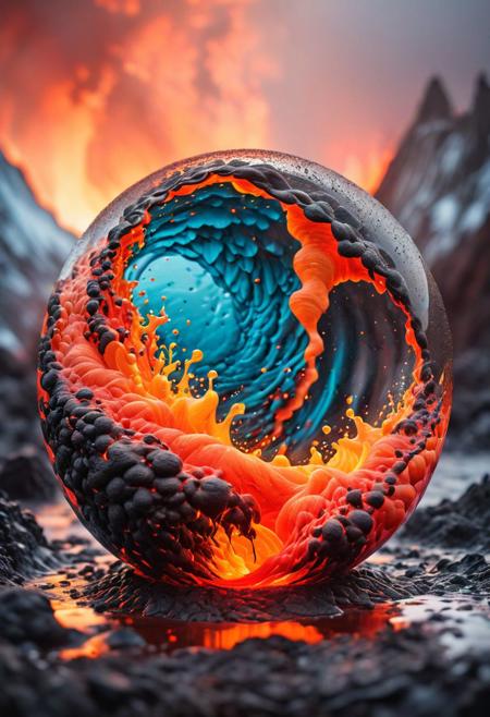 ultradetailed ultrarealistic, of a lava avalanche in a glass sphere, a perfect photography by Mark Mann and Ashraful Arefin ,muted wet colors, intricate artwork masterpiece <lora:hyperkraximalism_v1-1:0.25>