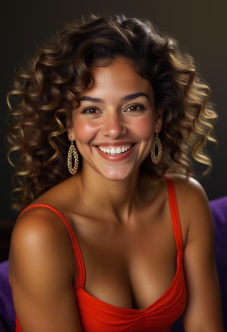 2d, A portrait of a Latina woman with wavy, dark brown hair and a warm, inviting smile. She wears a vibrant red dress that complements her olive skin, and her deep brown eyes are filled with a sense of joy and passion. Her large, hoop earrings add a touch of flair to her look., highly detailed, Ignorant, Rembrandt lighting, fluorescent purple, sad atmosphere <lora:usual-portrait-v2:1>