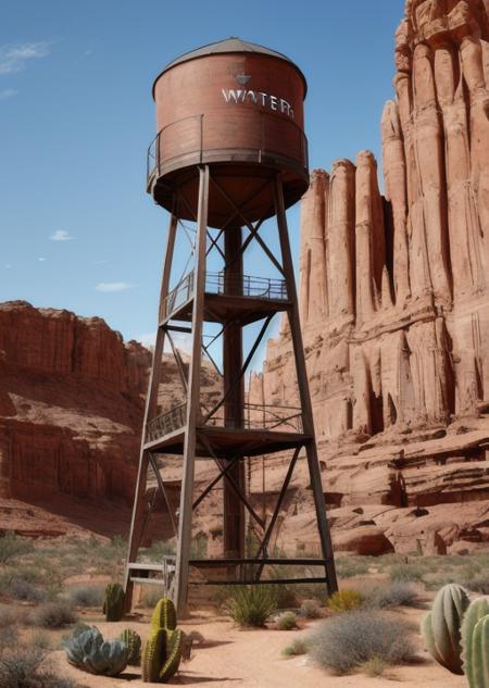 a water tower surrounded by cactus in a western landscape, highly detailed, realistic