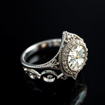 Jewelry photography,   dreamy and shiny, sparkling,
diamond ring on a black background. The ring is shaped with clock elements, It looks like a luxury jewelry item that might be expensive.
in a Victorian style with hand-painted effect,

The ring can be made of any metal, but platinum or white gold is a popular choice.
You can use different diamond shapes, such as round, princess, or emerald cut.
You can also experiment with different diamond colors, such as white, yellow, or pink.
You can add other decorative elements , such as gemstones, filigree or engraving.