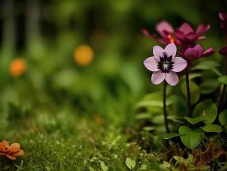 <lora:dooli_yiu_v10:0.7>, a purple flower sitting on top of a lush green field, fade, slate gray, orange color lookup, (teal and orange:0.7), cinematic colors, vignette, lowkey, glowing, dark depth of field