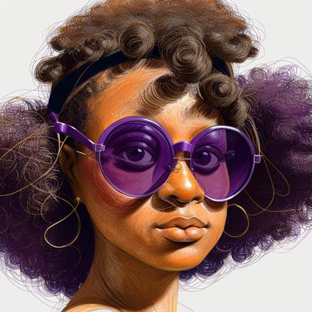 ebony Mona Lisa wearing purple sunglasses and ((curly afro hairstyle)), in Scribbled Pattern style  <lora:rabisco:1>