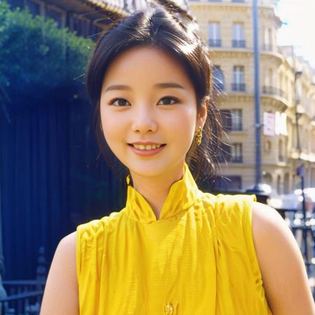 1girl, solo,short hair,((( Teresa Teng))), Teresa_Teng,black eyes, yellow hairband, black hair, chinese clothes,earrings, standing,steaming body,(standing),(shiny skin), (smiling:1.1),(((Traveling in Paris, France))),((Mottled light and shadow,warm light ,depth of field)),Wide angle view,1980s Taiwanese style,<lora:FilmG2:0.5>, <lora:myTeresaTeng23:1>,(8k, RAW photo, best quality, masterpiece:1.2), (realistic, photo-realistic:1.37),(cowboy) , (extremely detailed CG unity 8k wallpaper),high detail RAW color photo of a 30 y.o women, (highres), ultra realistic, hyperrealistic, (high detail face), young woman,beautiful face, looking at viewer, perfect face, detailed hair , perfect body,professional lighting, photon mapping, radiosity, physically-based rendering, ultra-detailed, extremely detailed, beautiful detailed girl, extremely detailed eyes and face, cinematic lighting, perfect fingers, perfect hands, perfect legs, cinematic lighting, extreme details, realistic skin,