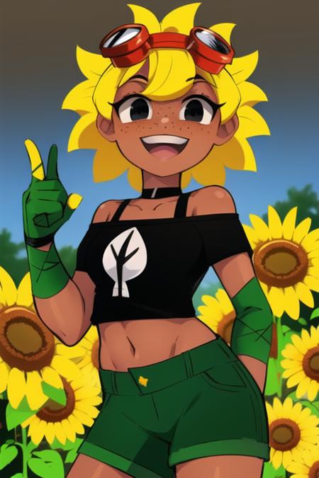 <lora:solar_flare_(plants_vs_zombies_heroes):1>, solar_flare_(plants_vs_zombies_heroes), masterpiece, best quality, 1girl, blonde hair, smile, goggles, midriff, goggles on head, shorts, navel, open mouth, gloves, black eyes, sunflower, sun, dark skin, flower, off shoulder, hand on hip, shirt, dark-skinned female, black shirt, off-shoulder shirt, freckles, crop top, looking at viewer, :d, green gloves, green shorts, teeth, choker