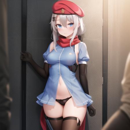 (masterpiece, best quality:1.2),illustration,8k,hd,1girl,solo,upper body,(portrait:1.2),9a-91 (girls frontline),blue eyes,blue dress,covered navel,red beret,blush,puffy short sleeves,see-through,layered sleeves,black panties,red scarf,thighhighs,pouches,black long sleeves,sideboob,gloves,hair between eyes,low ponytail,sidelocks,silver hair,very long hair,<lora:(gf)9A-91>,