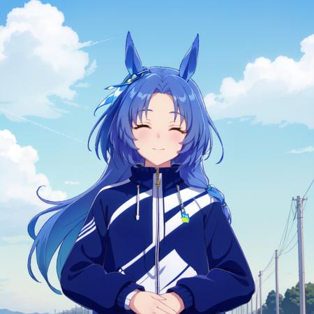 godol,1girl,horse girl,blue sky background,high quality,lsunlight,midday,closed eyes,<lora:god03v9:0.7>,track jacket,black shorts,upper body,